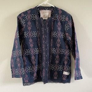 Odd Molly Anthropologie‎ Button Down Shirt Size Large 3 Cross Stitch Lace Navy